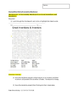 Preview of A Fun Wordsearch on Inventors and their inventions and an extension activity