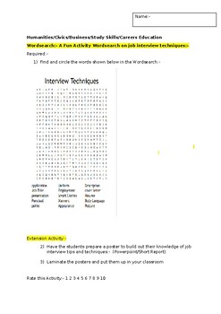 Preview of A Fun Wordsearch on Job Interview techniques and an extension activity