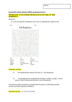 Preview of A Fun Wordsearch on Job Readiness and an associated extension activity