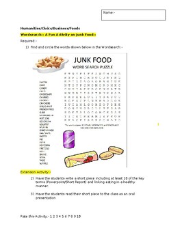 Preview of A Fun Wordsearch on Junk Food and an associated extension activity
