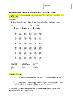 Preview of A Fun Wordsearch on Law in American Society and an extension task