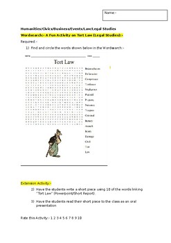 Preview of A Fun Wordsearch on Laws of Torts including an extension activity
