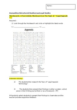 Preview of A Fun Wordsearch on "Legal Appeals" and an associated extension task