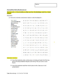 Preview of A Fun Wordsearch on Legal Courtroom Terminology and an extension activity