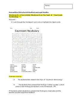 Preview of A Fun Wordsearch on "Legal Courtroom Terminology" and an extension task