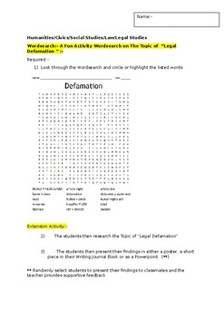 Preview of A Fun Wordsearch on "Legal Defamation" and an associated extension task