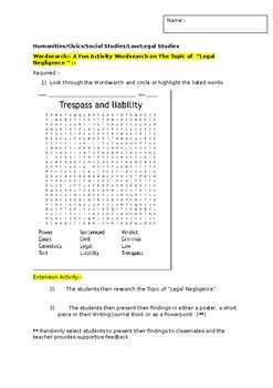 Preview of A Fun Wordsearch on "Legal Negligence" and an associated extension activity
