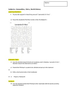 Preview of A Fun Wordsearch on Leonardo Di Vinci and an extension task