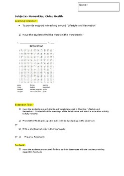 Preview of A Fun Wordsearch on Lifestyle and Recreation and an associated extension task