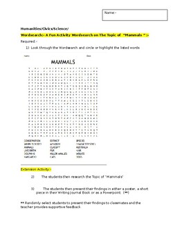 Preview of A Fun Wordsearch on "Mammals" and an associated extension activity