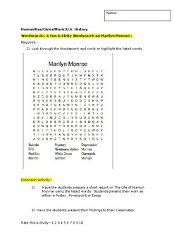 Preview of A Fun Wordsearch on Marilyn Monroe