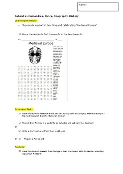 Preview of A Fun Wordsearch on Medieval Europe and an associated extension activity
