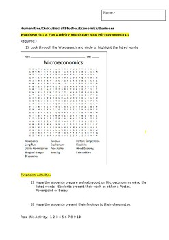 Preview of A Fun Wordsearch on Microeconomics and an associated extension activity