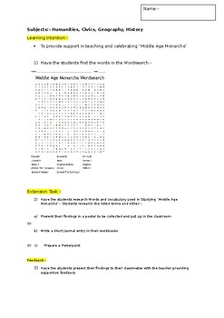 Preview of A Fun Wordsearch on Middle Ages Monarchs and an associated extension task