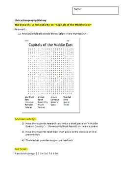 Preview of A Fun Wordsearch on "Middle Eastern Countries" and an extension activity