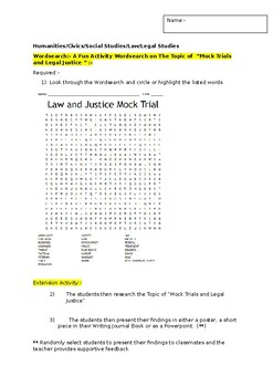 Preview of A Fun Wordsearch on "Mock Trials and Legal Justice" and an extension task