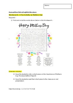Preview of A Fun Wordsearch on "Mothers Day" and an associated extension task