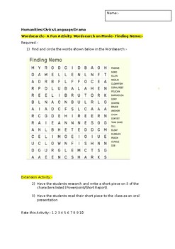 Preview of A Fun Wordsearch on Movie Finding Nemo and an extension activity