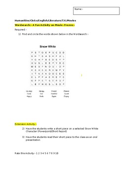 Preview of A Fun Wordsearch on Movie Snow White and an extension activity