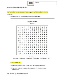 Preview of A Fun Wordsearch on Movie Superheroes and an extension activity