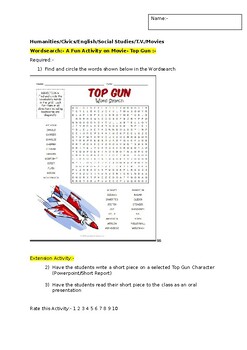 Preview of A Fun Wordsearch on Movie- Top Gun and associated extension activity