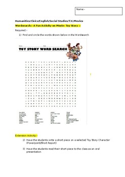Preview of A Fun Wordsearch on Movie- Toy Story and an extended activity