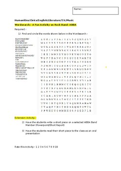 Preview of A Fun Wordsearch on Music Band- ABBA and an associated extension task