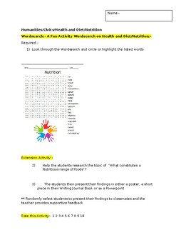 Preview of A Fun Wordsearch on Nutritious Foods and an associated extension activity