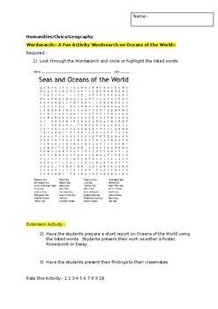 Preview of A Fun Wordsearch on Oceans of the World and an associated extension task