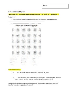 Preview of A Fun Wordsearch on "PHYSICS" and an associated extension task