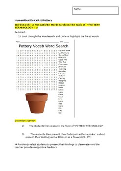 Preview of A Fun Wordsearch on "POTTERY TERMINOLOGY" and an associated extension task