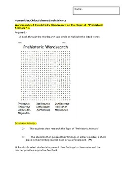 Preview of A Fun Wordsearch on "PREHISTORIC ANIMALS" and an associated extension task
