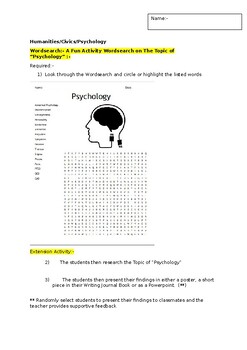Preview of A Fun Wordsearch on "PSYCHOLOGY" and an associated extension task