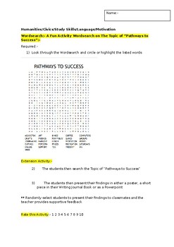 Preview of A Fun Wordsearch on Pathways to Success and an extension activity