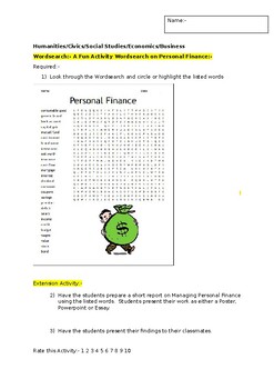 Preview of A Fun Wordsearch on Personal Finance and an associated extension activity