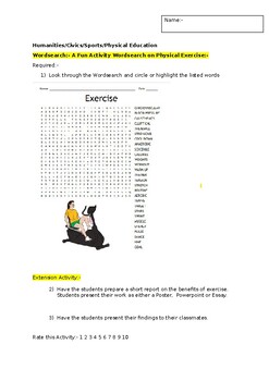 Preview of A Fun Wordsearch on Physical Activity-Exercise and an extension activity