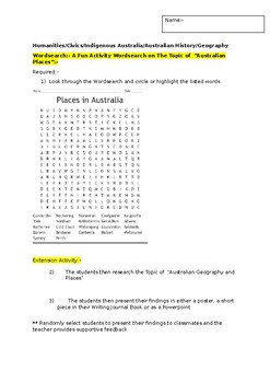 Preview of A Fun Wordsearch on Places in Australia and an associated extension task