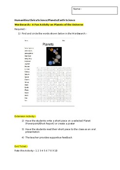 Preview of A Fun Wordsearch on Planets of the Universe and an associated extension task