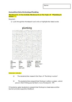 Preview of A Fun Wordsearch on Plumbing and an associated extension task
