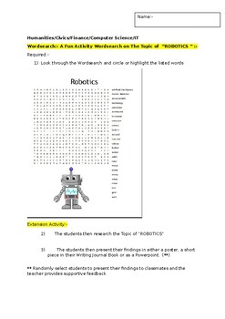 Preview of A Fun Wordsearch on "ROBOTICS" and an associated extension task