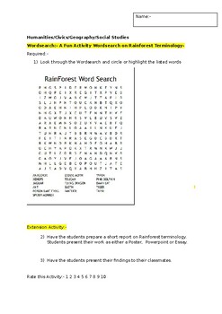 Preview of A Fun Wordsearch on Rainforest terminology and an associated extension task
