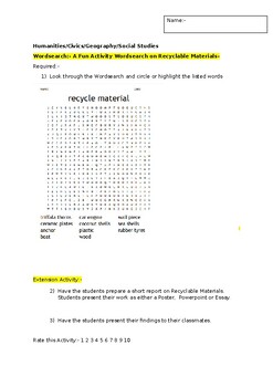Preview of A Fun Wordsearch on Recyclable Materials and an associated extension task