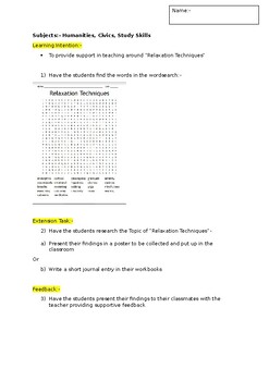 Preview of A Fun Wordsearch on Relaxation Techniques and an associated extension task