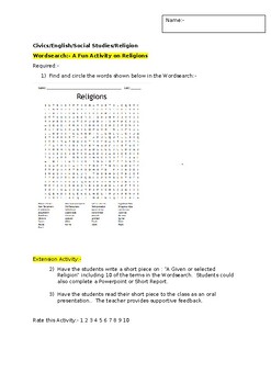 Preview of A Fun Wordsearch on Religions and an associated extension activity