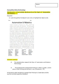Preview of A Fun Wordsearch on "Robotics and Automation" including an extension activity