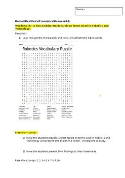 Preview of A Fun Wordsearch on Robotics and Technology and an extension activity