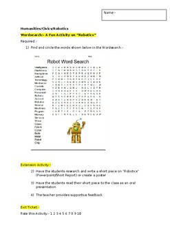 Preview of A Fun Wordsearch on "Robotics" and an associated extension activity