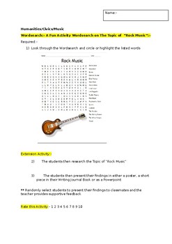 Preview of A Fun Wordsearch on Rock Music and an associated extension task