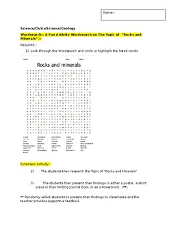 Preview of A Fun Wordsearch on "Rocks and Minerals" and an associated extension task