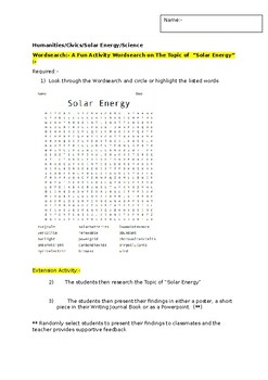 Preview of A Fun Wordsearch on "SOLAR ENERGY" and an associated extension activity